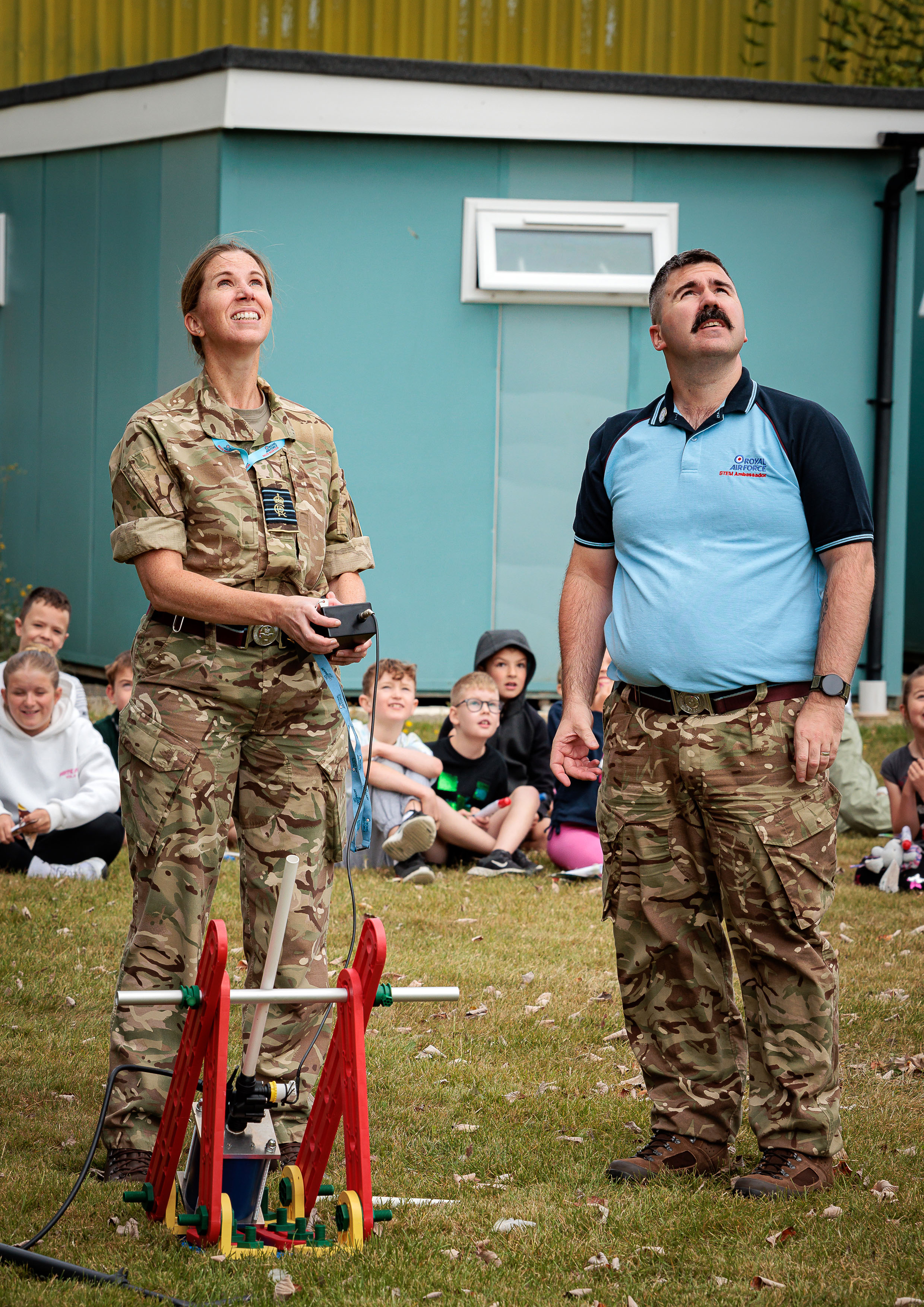 Photo: Royal Air Force Brize Norton Station Commander, Group Captain Louise Henton, shown having joined the group in making her own rocket, competing for the most powerful rocket.
